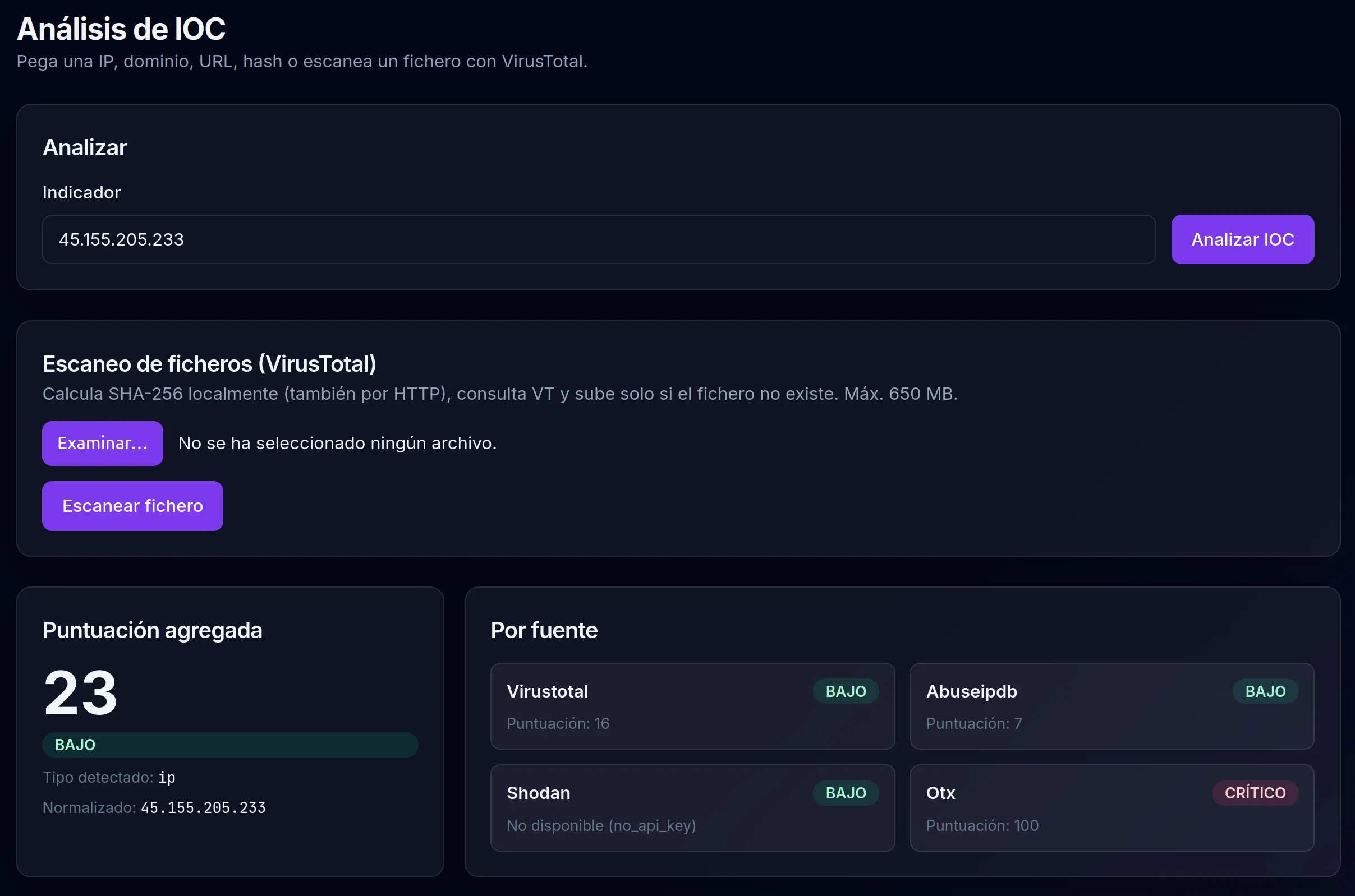 Vista de análisis individual con score de severidad